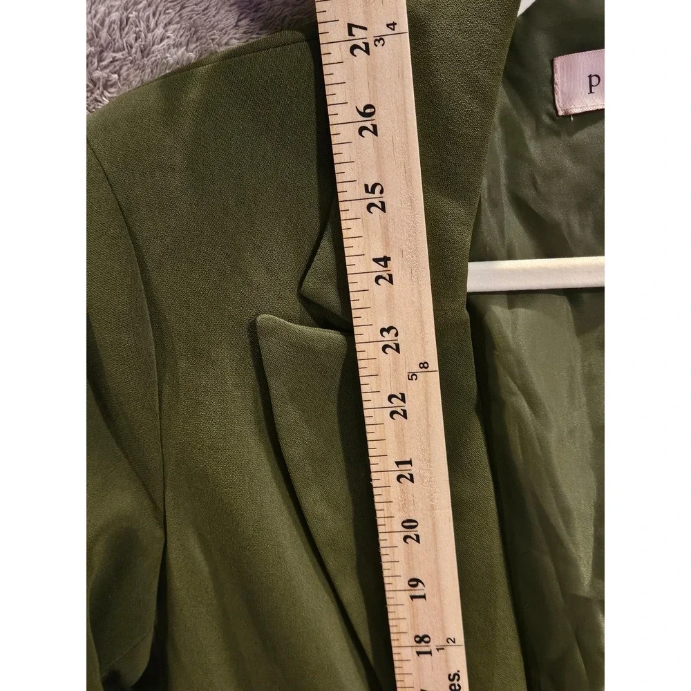 Retro Military Green Silky Long Line Blazer Roll Tab Sleeve Women XS Relaxed#450